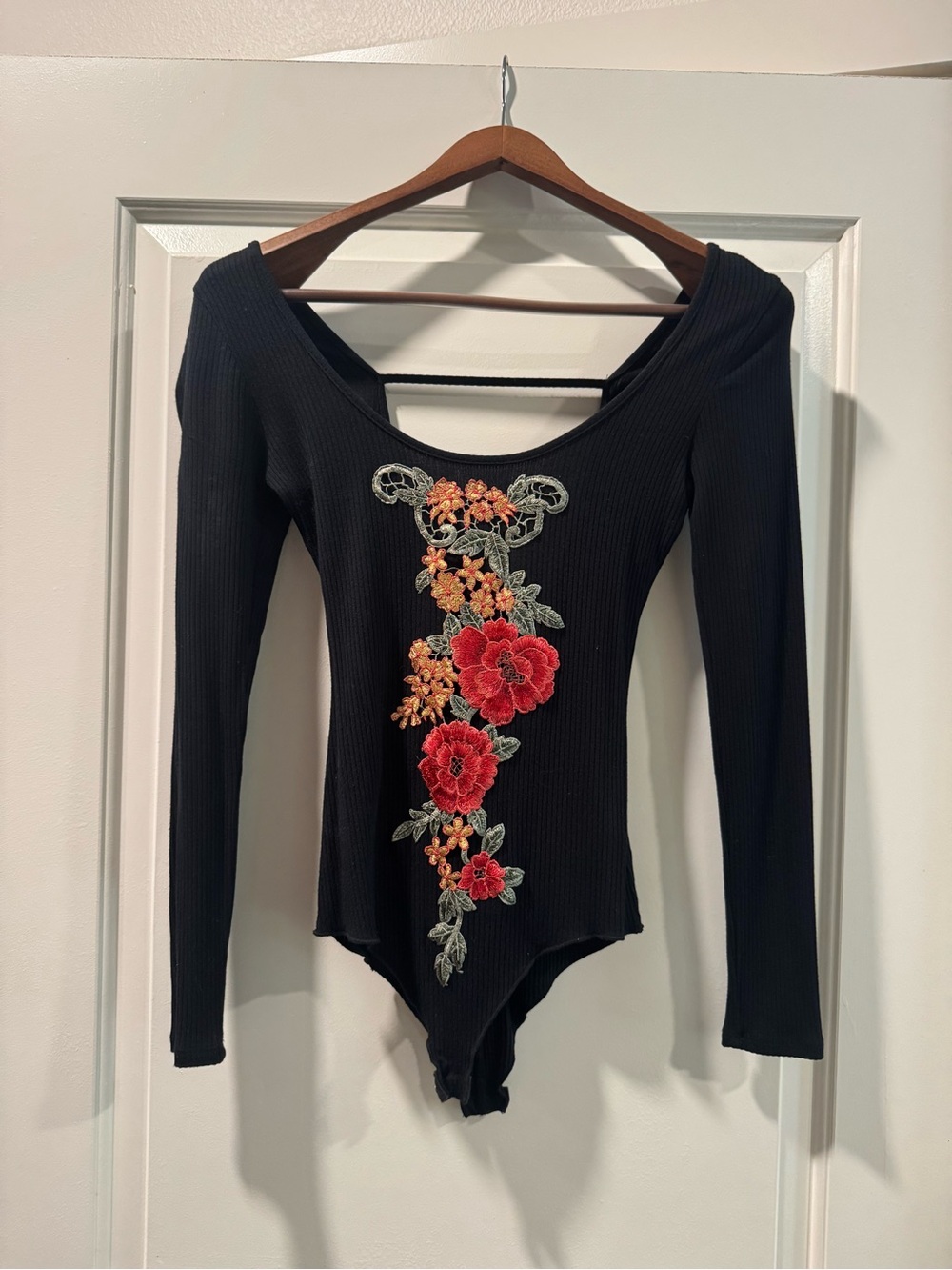 Black Ribbed Long-Sleeve Bodysuit with Red Floral Embroidery